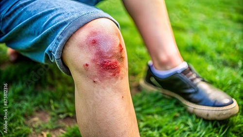 Close-up of a scraped and bruised knee on a rough concrete floor with a blurred green grass background.