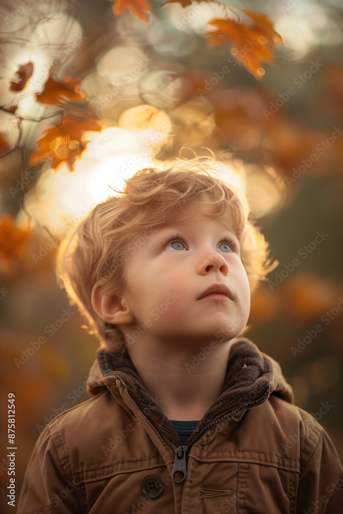 Young boy with curly hair looking up at autumn leaves, with a curious expression, warm and soft lighting, outdoor autumn scene Young boy with curly hair looking up at autumn leaves, with a curious expression, warm and soft lighting, outdoor autumn scene