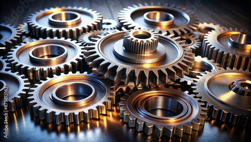 Sharp metallic gears in precise mechanical arrangement on dark black background with subtle light reflection showcasing industrial complexity. photo