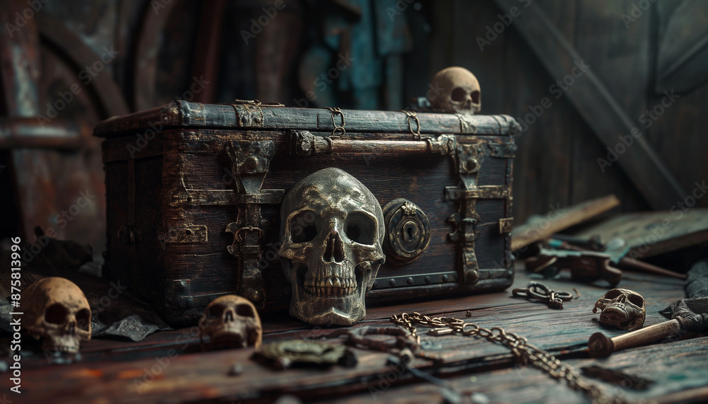 Fototapeta premium Old wooden chest with skull decorations, surrounded by various antique items, in a dark and mysterious room, evoking a sense of history and adventure