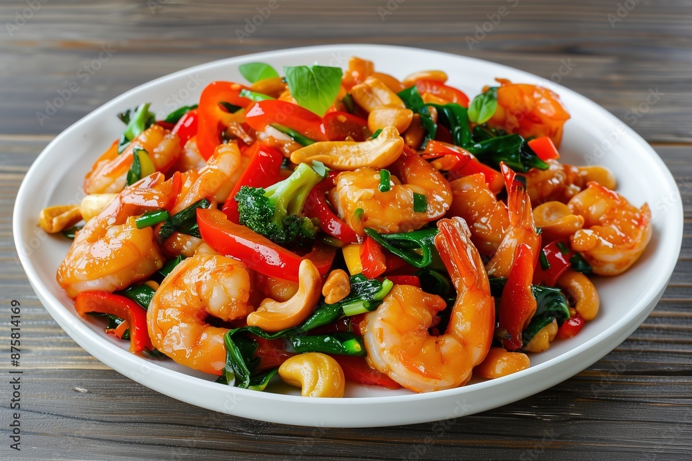 Stir-Fried Shrimp with Vegetables and Cashew Nuts in a White Bowl Stir-Fried Shrimp with Vegetables and Cashew Nuts in a White Bowl