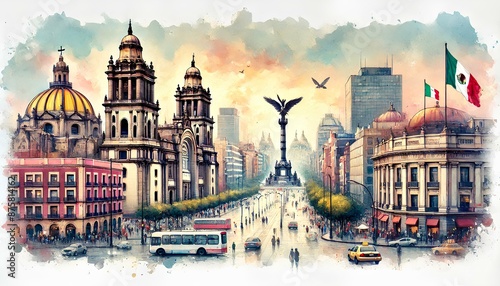 Watercolor painting of Mexico City with landmarks like the Metropolitan Cathedral and Palacio de Bellas Artes.