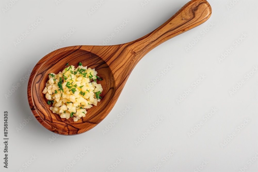 Chopped Garlic and Parsley in a Wooden Spoon on White Background Chopped Garlic and Parsley in a Wooden Spoon on White Background