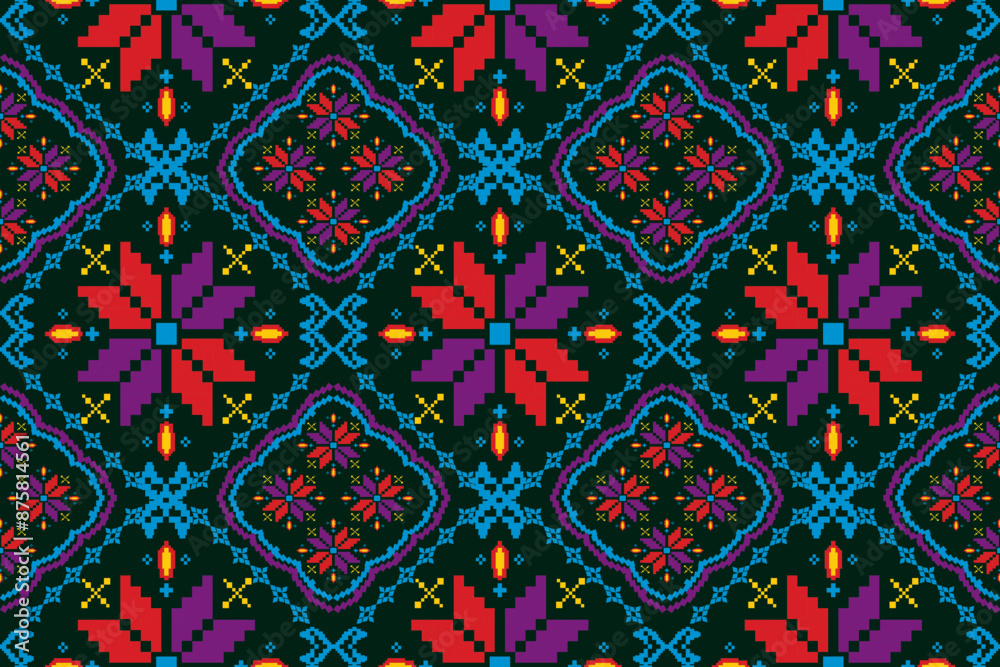 Pixel art flower on white and black background wallpaper oriental seamless pattern.ornament. Ethnic .decor style. geometric ornament. Vector seamless pattern. blanket, rug. Woven carpet fabric Pixel art flower on white and black background wallpaper oriental seamless pattern.ornament. Ethnic .decor style. geometric ornament. Vector seamless pattern. blanket, rug. Woven carpet fabric