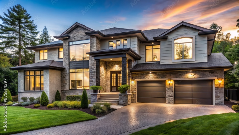 Spacious modern luxury house with sleek lines and large windows in Montreal's suburb showcasing empty rooms, closets, basement, garage, and backyard. Spacious modern luxury house with sleek lines and large windows in Montreal's suburb showcasing empty rooms, closets, basement, garage, and backyard.
