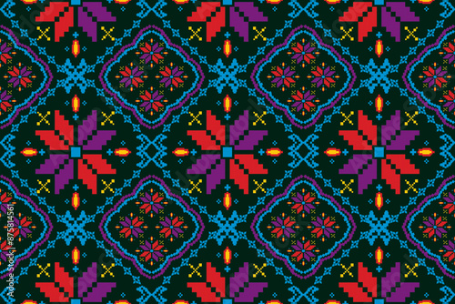 Pixel art flower on white and black background wallpaper oriental seamless pattern.ornament. Ethnic .decor style. geometric ornament. Vector seamless pattern. blanket, rug. Woven carpet fabric
