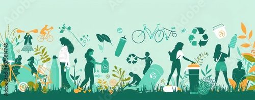 Create a background illustration for Plastic Free July, incorporating icons of reusable items and silhouettes of people engaging in eco-friendly activities photo