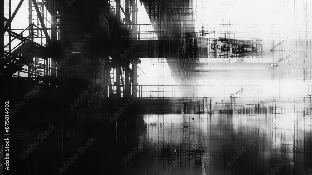 Abstract industrial scene in monochrome, featuring layered structures, intersecting lines, and geometric patterns, creating a complex and surreal composition Abstract industrial scene in monochrome, featuring layered structures, intersecting lines, and geometric patterns, creating a complex and surreal composition