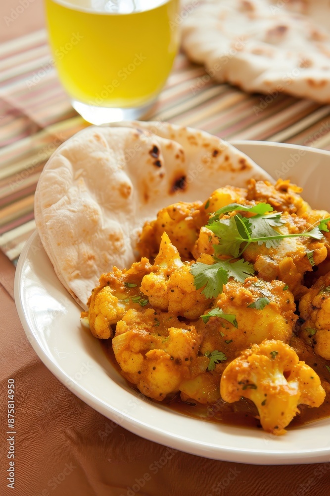Delicious Aloo Gobi with Chapati on Pastel Background in Clear Light - Indian Cuisine Concept Delicious Aloo Gobi with Chapati on Pastel Background in Clear Light - Indian Cuisine Concept