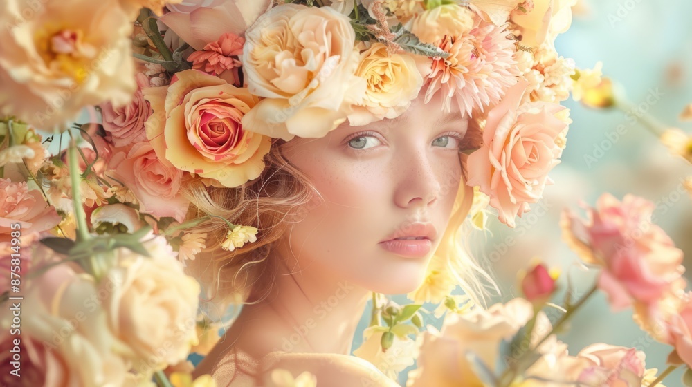 Woman with light hair and freckles wearing a large flower crown made of pastel roses and delicate blooms. Dreamy and serene atmosphere