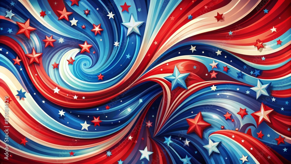 Vibrant abstract patriotic design featuring wide modern canvas with dynamic swirling shapes in bold red and blue hues. Vibrant abstract patriotic design featuring wide modern canvas with dynamic swirling shapes in bold red and blue hues.