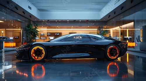 An electric car in a futuristic concept showroom, with high-tech exhibits, advanced lighting systems that highlight the car’s features, and a clean, futuristic ambiance, captured at dusk. photo