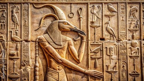Ancient intricately carved Egyptian temple wall decoration featuring Ibis-headed god Thoth amidst hieroglyphics and ornate symbolic motifs. photo