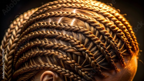 Close-up of intricately braided cornrows on a black background with subtle shadows and warm golden lighting emphasizing texture. photo