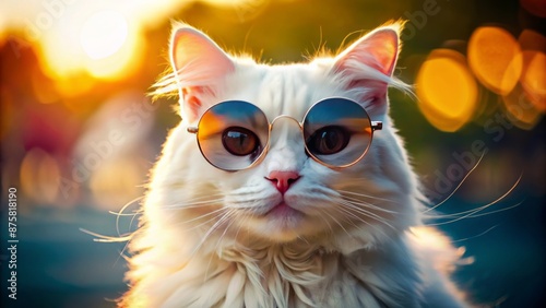 Adorable white furry feline with stylish shades, epitomizing feline elegance, relaxation, and whimsy on a bright sunny day outdoors.