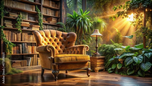Inviting secluded nook features plush armchair surrounded by towering piles of worn novels and soft warm golden lighting ambiance.