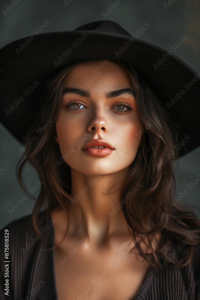 A woman with dark hair and a black hat posing with a serious expression in a dramatic lighting setting A woman with dark hair and a black hat posing with a serious expression in a dramatic lighting setting
