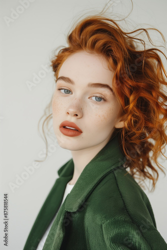 A woman with red hair in a green jacket posing confidently against a white background