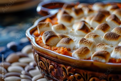 roasted sweet potato casserole topped with toasted marshmallows served in decorative dish. photo