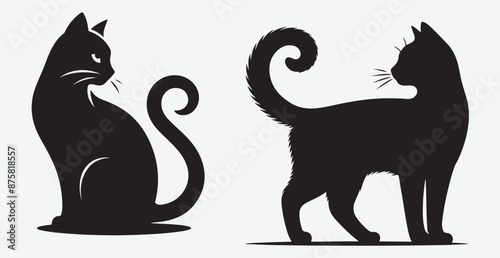 Cat silhouette isolated vector head tail full elegant new best cute sit design illustration animal pet collection full body head black and white download