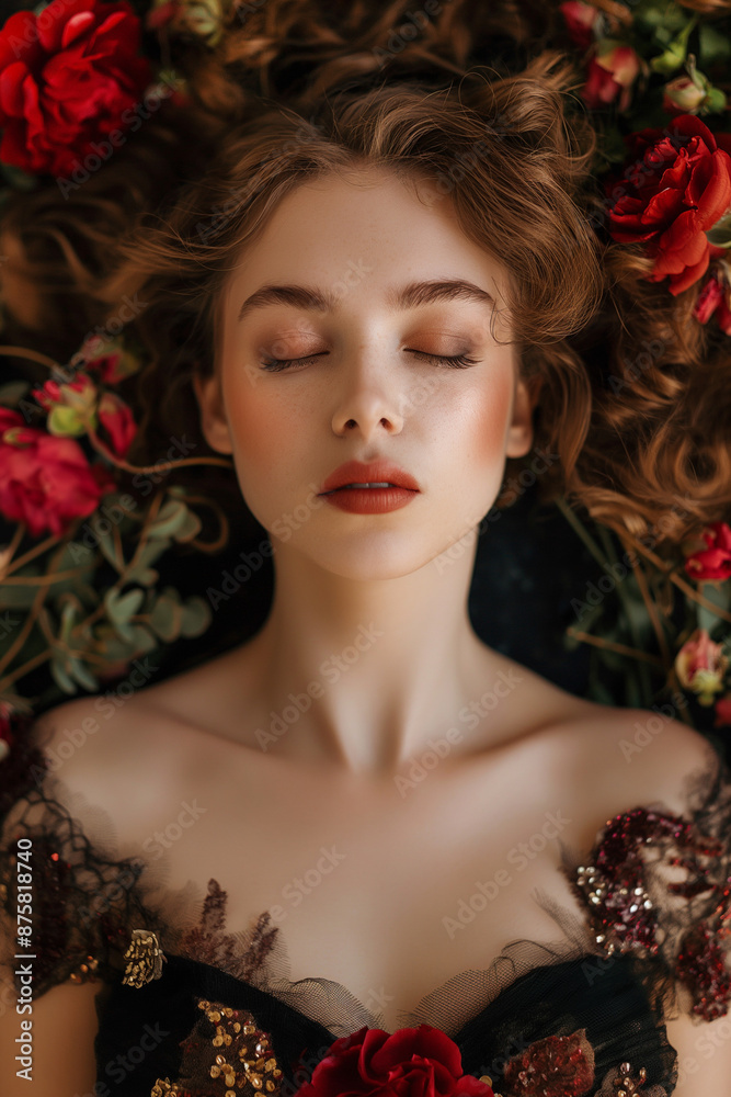 A woman with closed eyes lying among red roses in a peaceful and dreamy setting A woman with closed eyes lying among red roses in a peaceful and dreamy setting