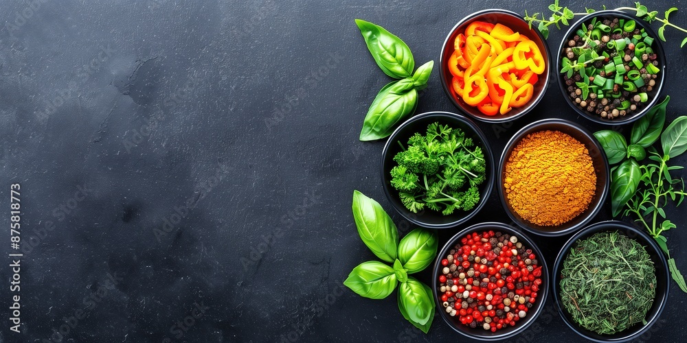 Colourful Assorted Fresh Herbs and Spices in Bowls on Dark Background Colourful Assorted Fresh Herbs and Spices in Bowls on Dark Background