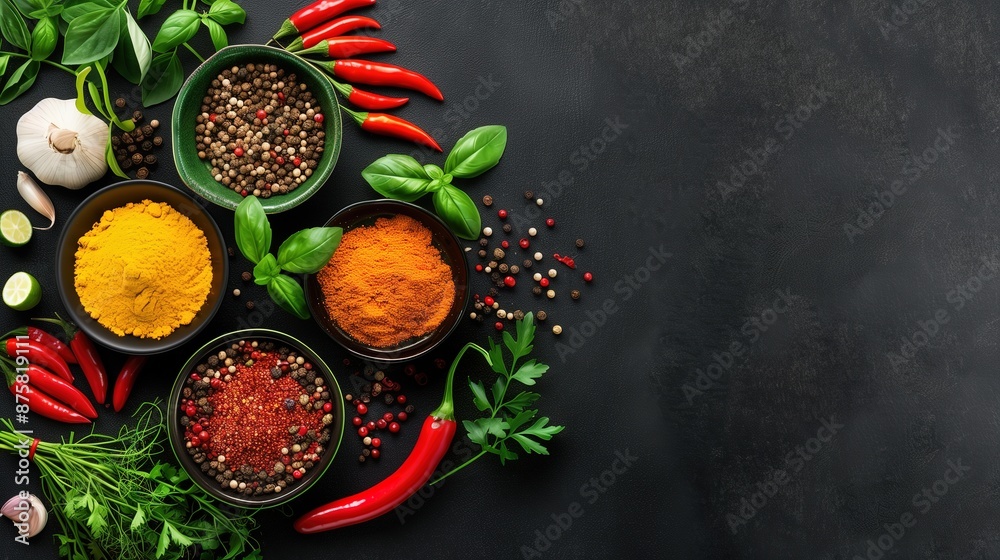 Variety of Spices and Fresh Herbs in Bowls on Dark Background with Chili Peppers Variety of Spices and Fresh Herbs in Bowls on Dark Background with Chili Peppers