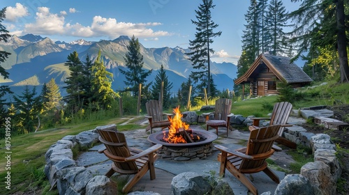 A rustic mountain cabin setting with a stone fire pit and wooden Adirondack chairs. photo