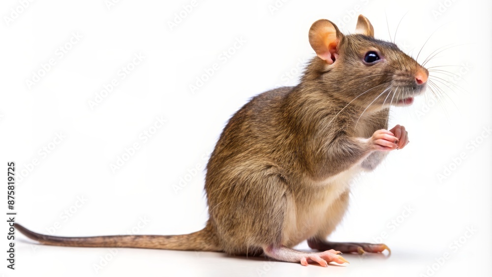 Isolated brown rat standing upright on hind legs, whiskers twitching, large ears perked up, against a clean white background. Isolated brown rat standing upright on hind legs, whiskers twitching, large ears perked up, against a clean white background.