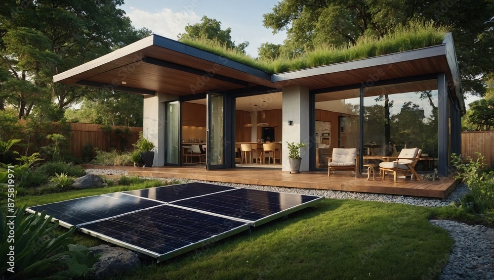 A contemporary ecofriendly house with solar panels A contemporary ecofriendly house with solar panels