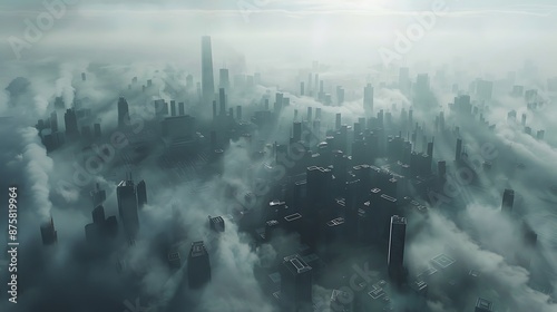 A city nearly hidden by emissions fog and blue smog very detailed and realistic shape