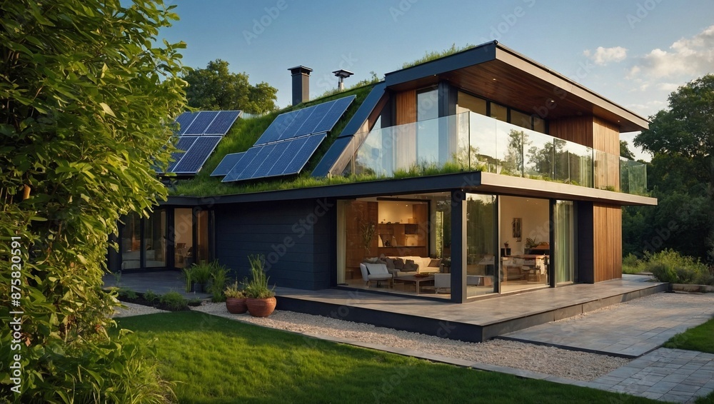 A contemporary ecofriendly house with solar panels A contemporary ecofriendly house with solar panels