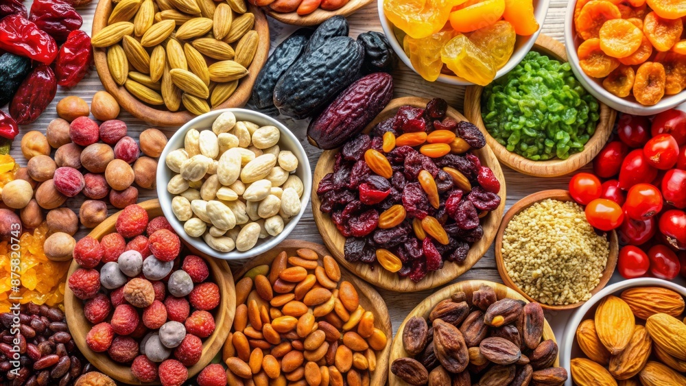 Vibrant assortment of dried fruit, nuts, and seeds including almonds and raisins, artfully arranged on a pristine white background. Vibrant assortment of dried fruit, nuts, and seeds including almonds and raisins, artfully arranged on a pristine white background.