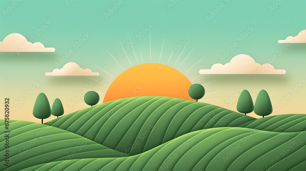 A picturesque sunrise over rolling green hills and trees. The sun beams over the landscape, creating a peaceful and serene atmosphere. A picturesque sunrise over rolling green hills and trees. The sun beams over the landscape, creating a peaceful and serene atmosphere.