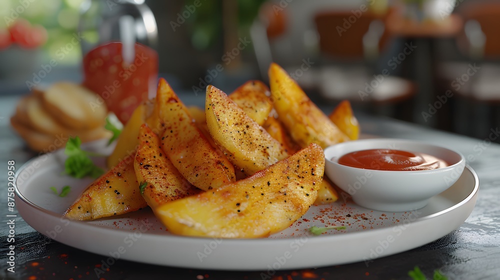 A plate of crispy potato wedges with ketchup and a side of bread. A plate of crispy potato wedges with ketchup and a side of bread.