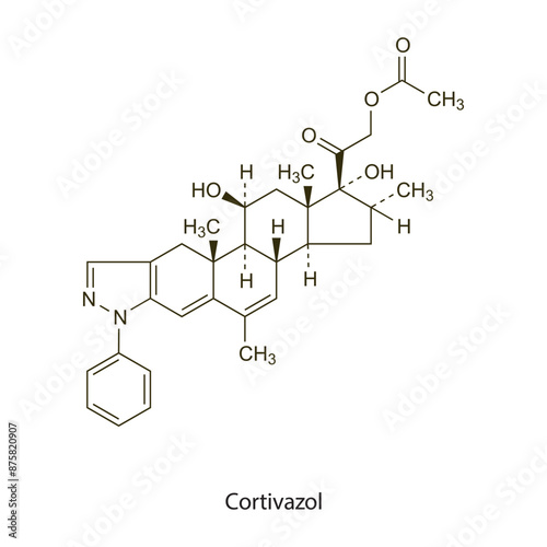 Cortivazol flat skeletal molecular structure Corticosteroid drug used in inflammation treatment. Vector illustration scientific diagram.
