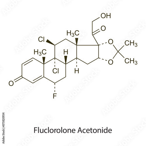 Fluclorolone Acetonide flat skeletal molecular structure Corticosteroid drug used in inflammation treatment. Vector illustration scientific diagram.
