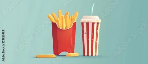A red carton of french fries and a striped cup of soda.