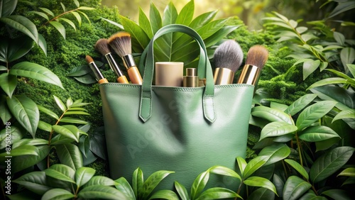 Elegant sage green tote bag amidst lush green leaves, surrounded by various makeup products and brushes, exuding natural sophistication. photo