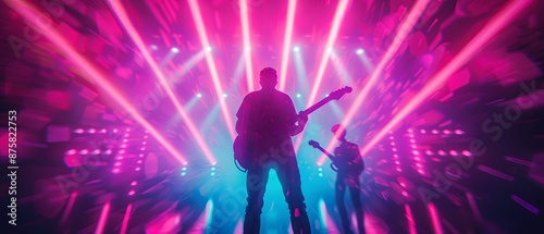 Silhouettes of musicians on stage with vibrant laser lights.