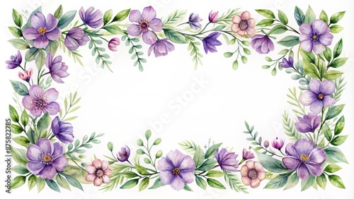 Fototapeta Naklejka Na Ścianę i Meble -  Delicate rectangular floral frame adorned with soft violet purple watercolor flowers and lush green leaves on a white background.