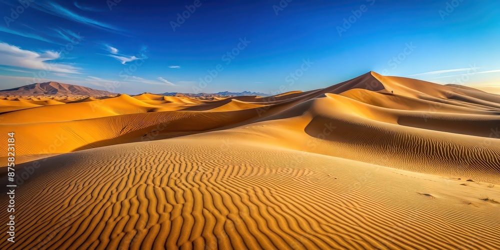 Naklejka premium Desert sand dunes under a clear blue sky, desert, sand, dunes, landscape, nature, arid, dry, hot, wilderness, scenic