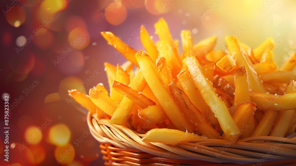 A basket of golden-brown french fries with a bokeh background. Perfect for food and fast food concepts. A basket of golden-brown french fries with a bokeh background. Perfect for food and fast food concepts.