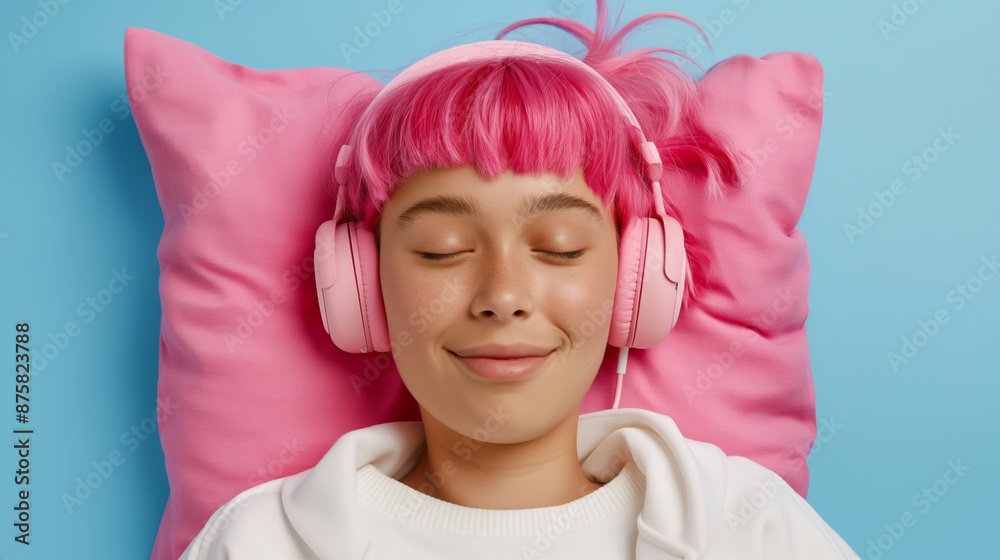 A girl with pink hair is wearing headphones and smiling. She is laying on a pink pillow. Concept of relaxation and contentment A girl with pink hair is wearing headphones and smiling. She is laying on a pink pillow. Concept of relaxation and contentment