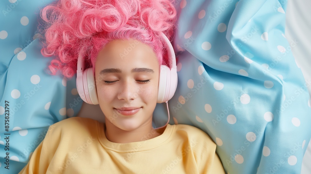 A girl with pink hair is wearing headphones and smiling. She is laying on a bed with a blue and white polka dot blanket A girl with pink hair is wearing headphones and smiling. She is laying on a bed with a blue and white polka dot blanket