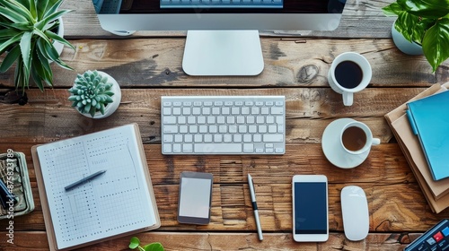 Modern Workspace with Wooden Desk and Minimalist Accessories