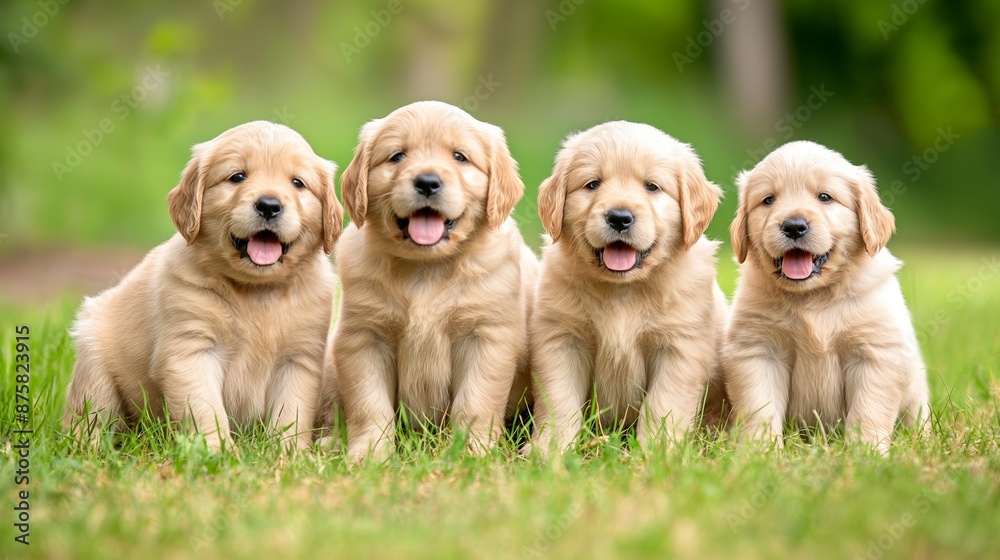 Four puppies are sitting on the grass, all of them smiling and looking at the camera. The scene is bright and cheerful, with the puppies' happy expressions conveying a sense of warmth and joy Four puppies are sitting on the grass, all of them smiling and looking at the camera. The scene is bright and cheerful, with the puppies' happy expressions conveying a sense of warmth and joy