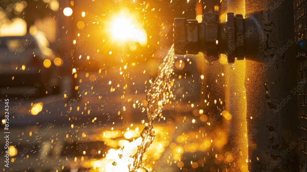 Obraz premium Water burst from fire hydrant on city street