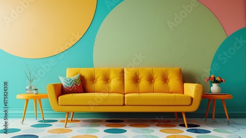 Yellow Retro Futuristic Living Room Interior Design With Geometric Shapes photo