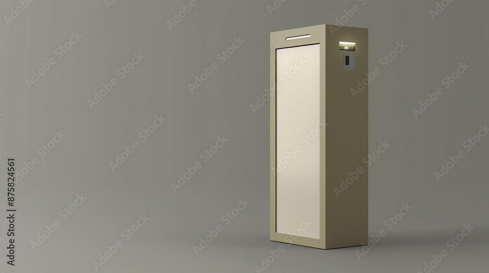 Minimalist cardboard style digital signage kiosk mockup on grey background. Modern display stand design for advertising with blank screen Minimalist cardboard style digital signage kiosk mockup on grey background. Modern display stand design for advertising with blank screen